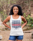 White graphic tank with multicolor TIGERS text and tiger mascot print, worn by model
