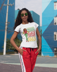 White Juneteenth T-shirt worn by woman; 'Black Freedom 1865' front graphic