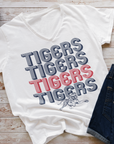 White v-neck short-sleeve t-shirt with striped Tigers lettering and tiger graphic