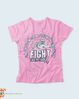 Pink short sleeve V-neck T-shirt with tiger Fight Like a Tiger graphic and ribbon accent