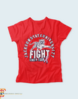 Red short sleeve V-neck T-shirt with tiger Fight Like a Tiger graphic and awareness ribbon