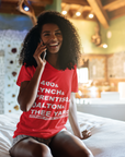 Red v-neck T-shirt with 'THEE YARD' front text graphic