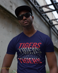 Blue v-neck short-sleeve T-shirt with Tigers graphic across chest.