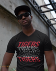 Black v-neck short-sleeve T-shirt with Tigers graphic across chest.