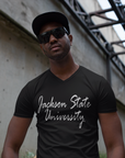 Black V-neck short-sleeve T-shirt with white script Jackson State University print
