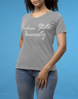 Gray V-neck short-sleeve T-shirt with white script Jackson State University print