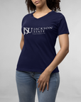Navy V-neck T-shirt with Jackson State university logo and short sleeves