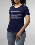 Unisex V-neck T-shirt, navy blue, front text logo on chest