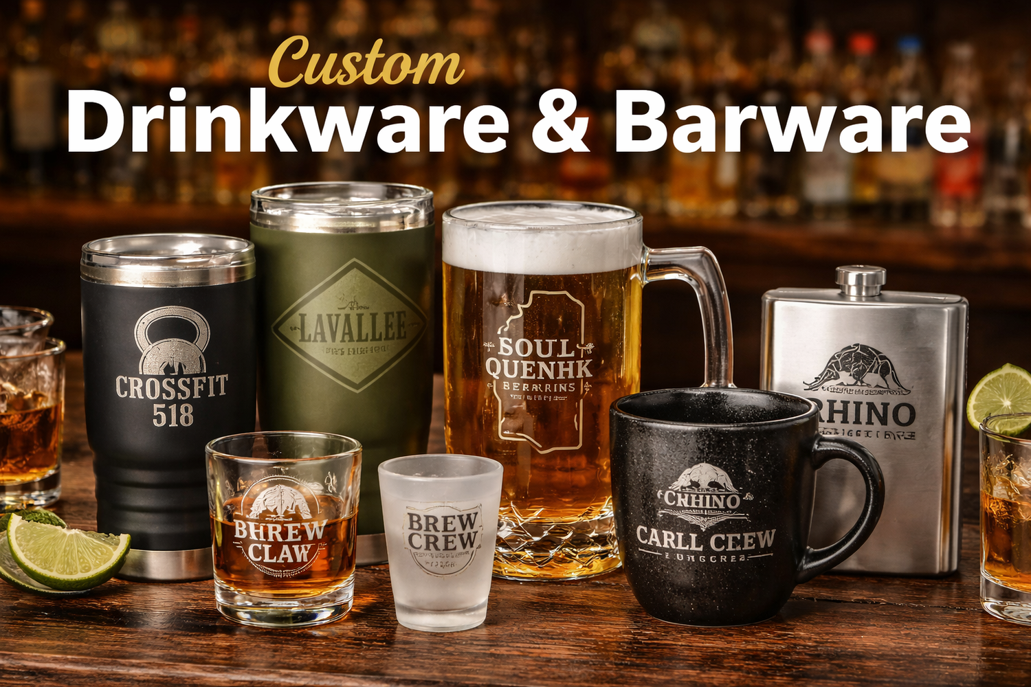 Custom printed and engraved drinkware and barware including tumblers, mugs, shot glasses, and flasks for businesses, breweries, and personalized gifts.