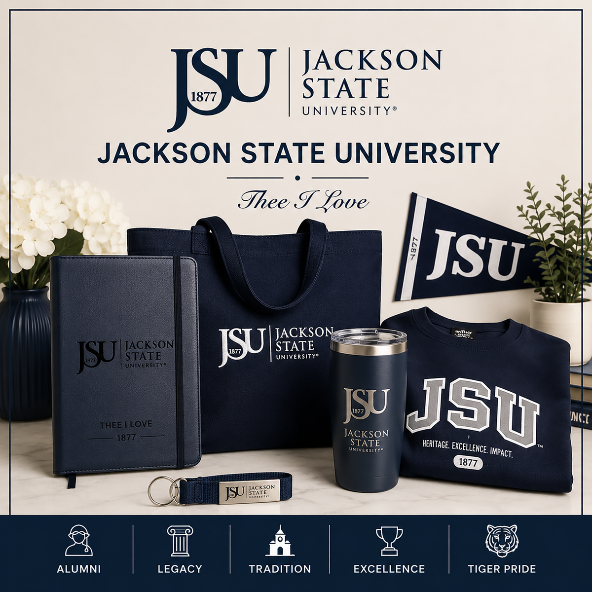 Jackson State University collection featuring premium apparel, engraved tumbler, personalized notebook, alumni gifts, and boutique accessories by The Coleman Twinz LLC