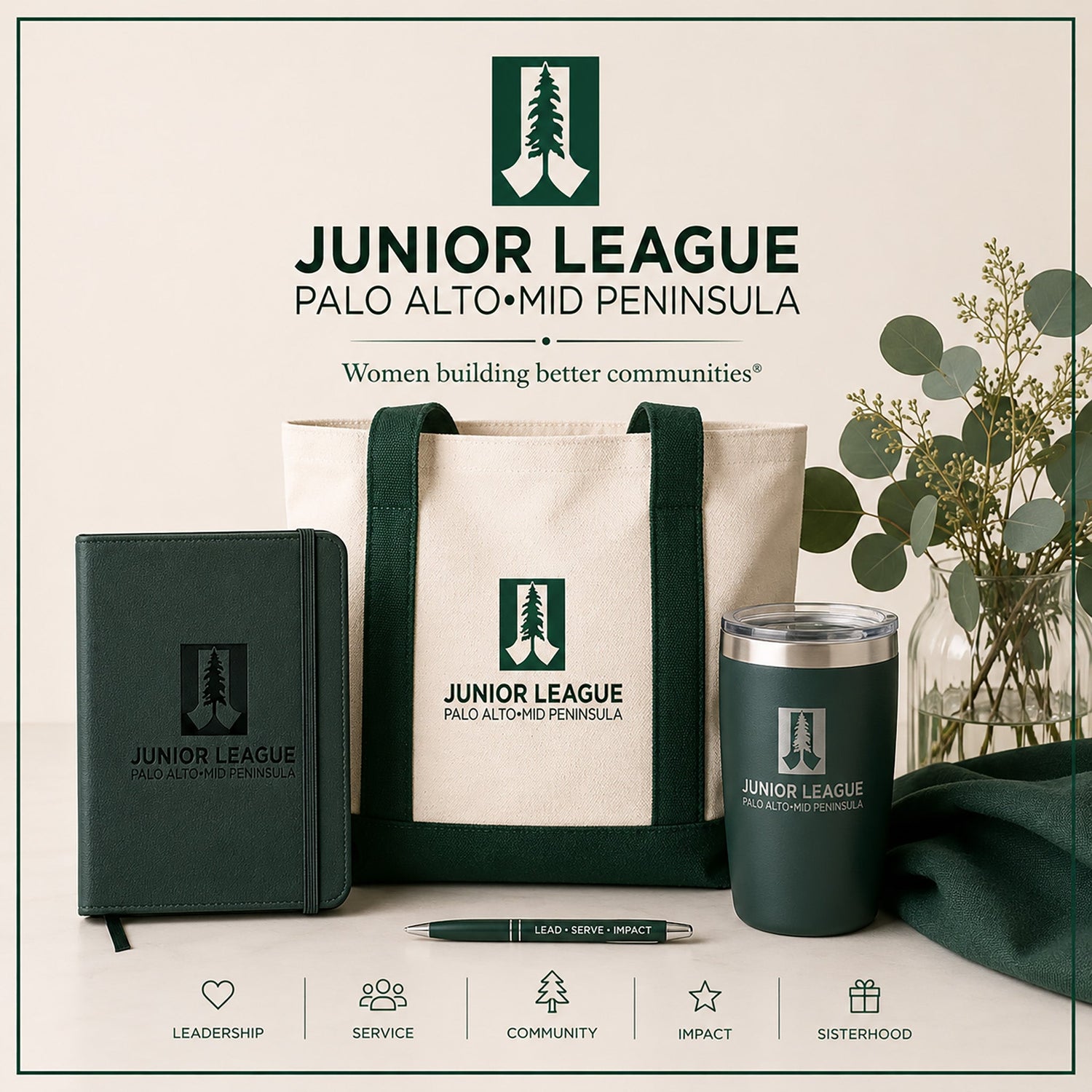 Junior League Palo Alto Mid Peninsula collection featuring personalized tote bag, engraved notebook, custom tumbler, and boutique accessories by The Coleman Twinz