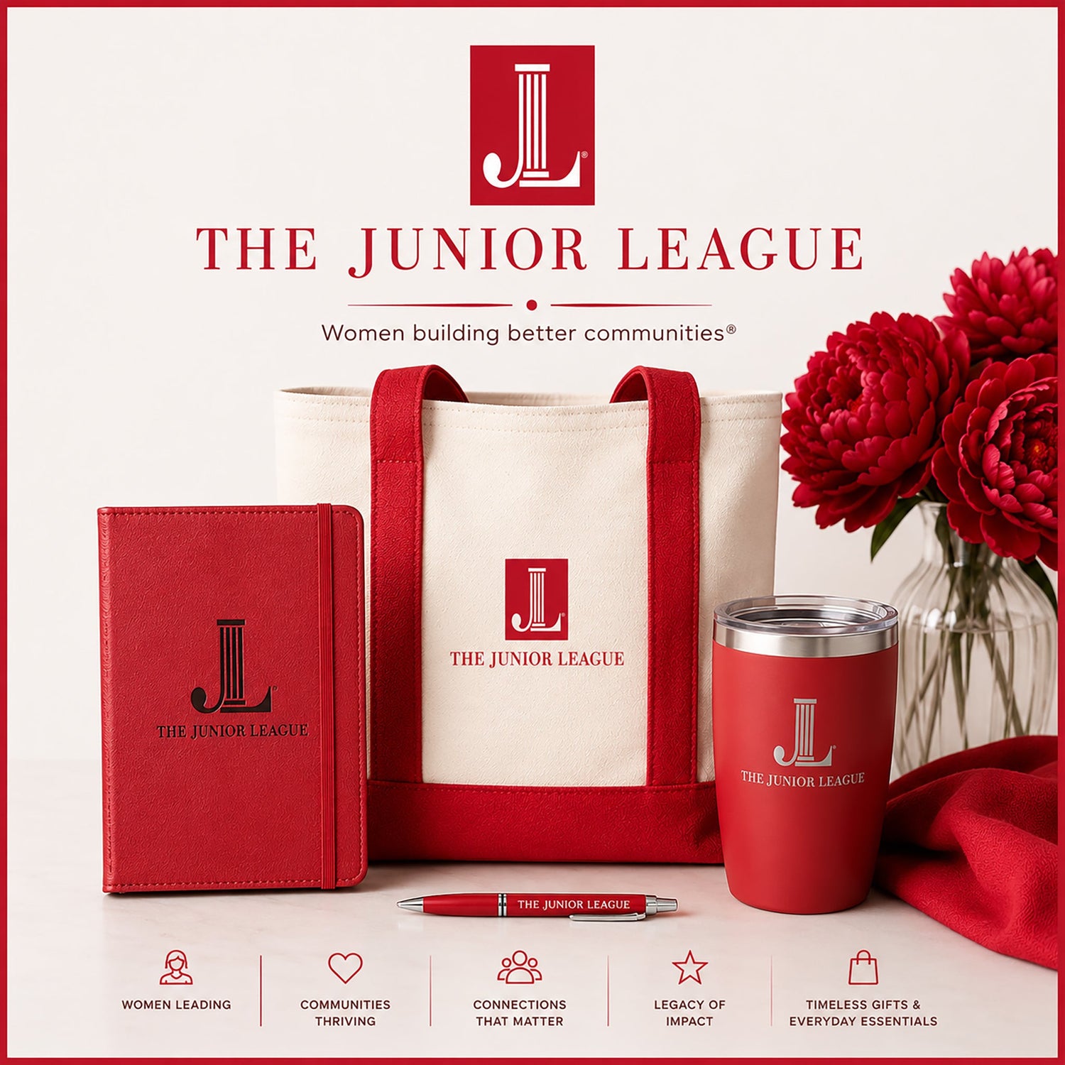 Junior League collection featuring personalized tote bag, engraved notebook, custom tumbler, and boutique gifts by The Coleman Twinz LLC