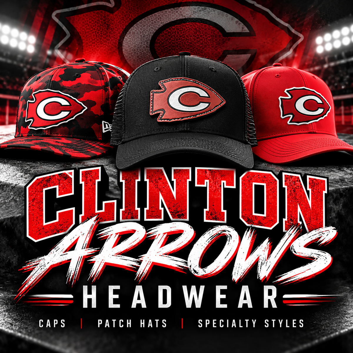 Clinton Arrows headwear collection featuring hat in red, black and camo