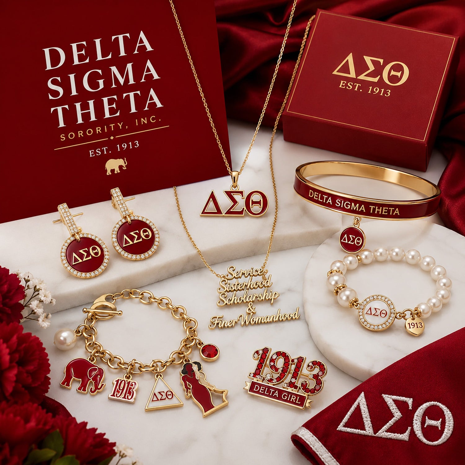 Elevated Delta Sigma Theta jewelry collection featuring luxury sorority accessories in crimson and cream styling