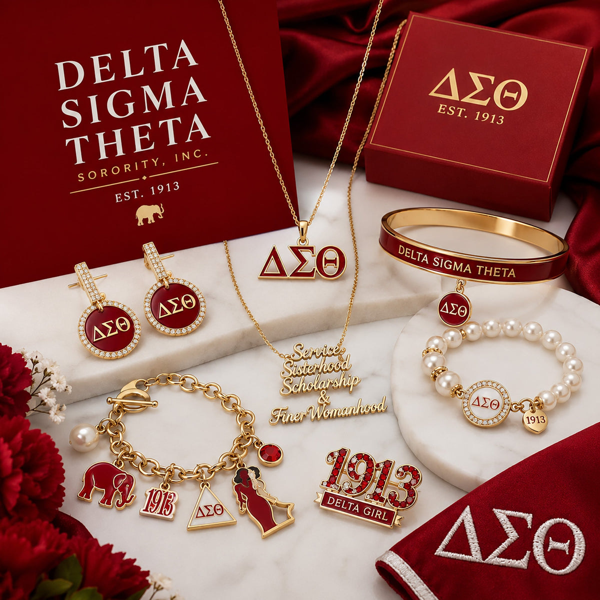 Elevated Delta Sigma Theta jewelry collection featuring luxury sorority accessories in crimson and cream styling