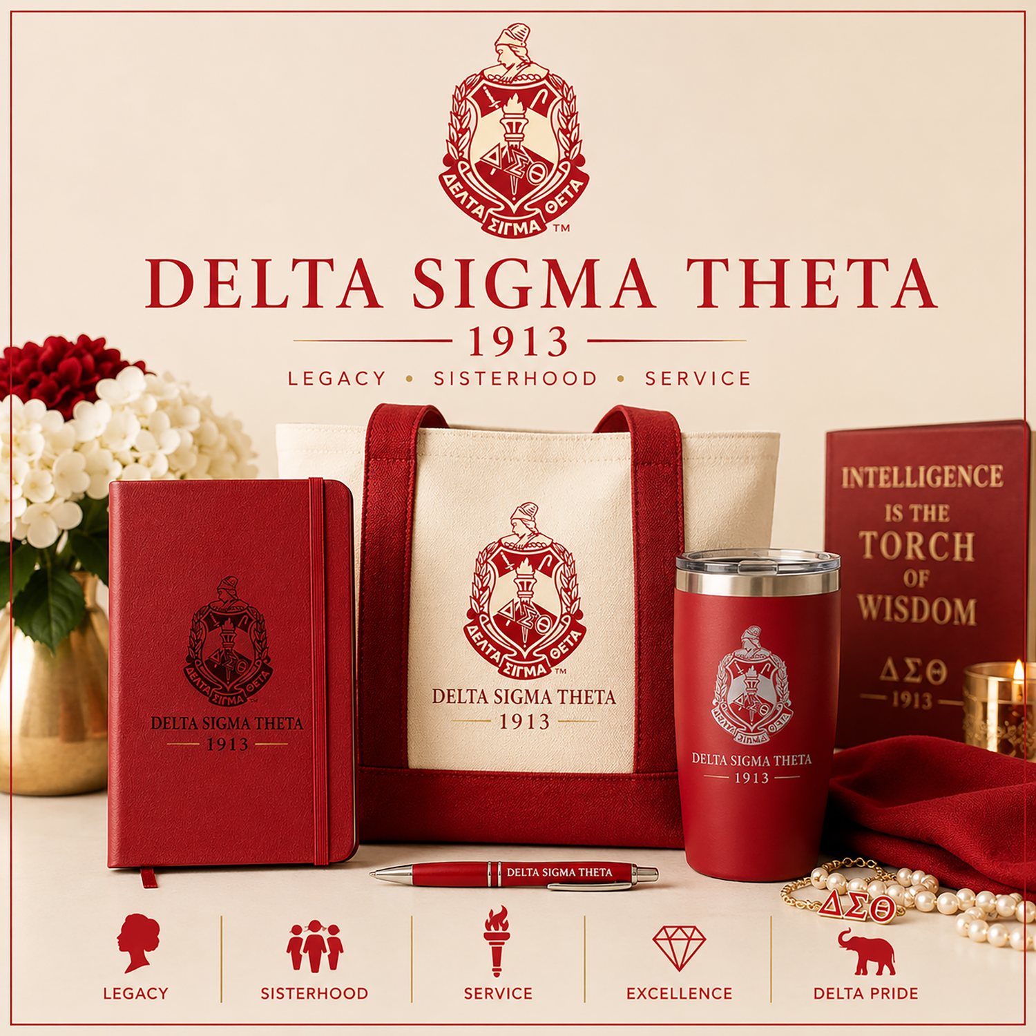 Delta Sigma Theta collection featuring personalized gifts, engraved journals, custom tumblers, and boutique sorority accessories by The Coleman Twinz LLC