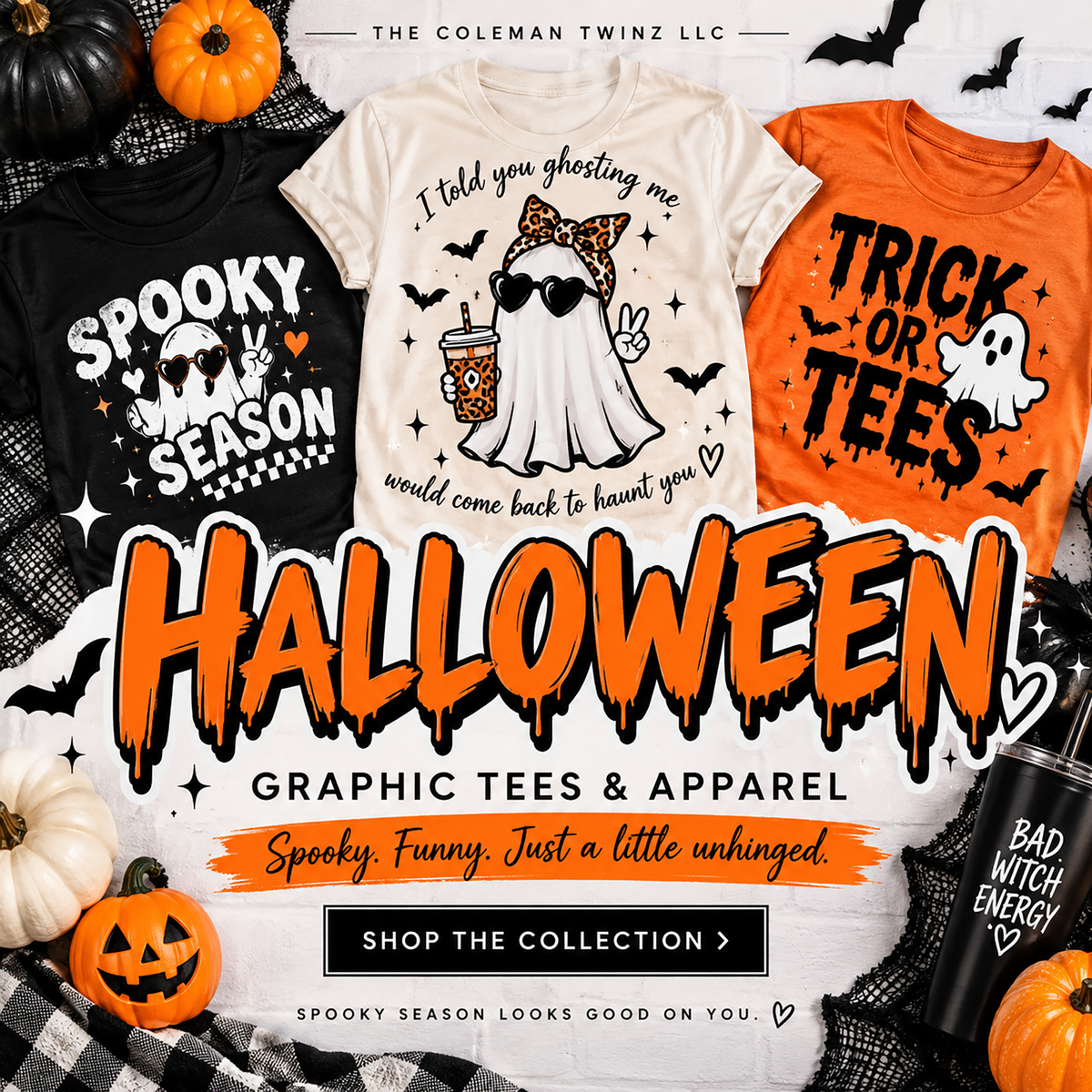 Halloween Graphic Tees & Apparel collection featuring spooky and funny T-shirts from The Coleman Twinz