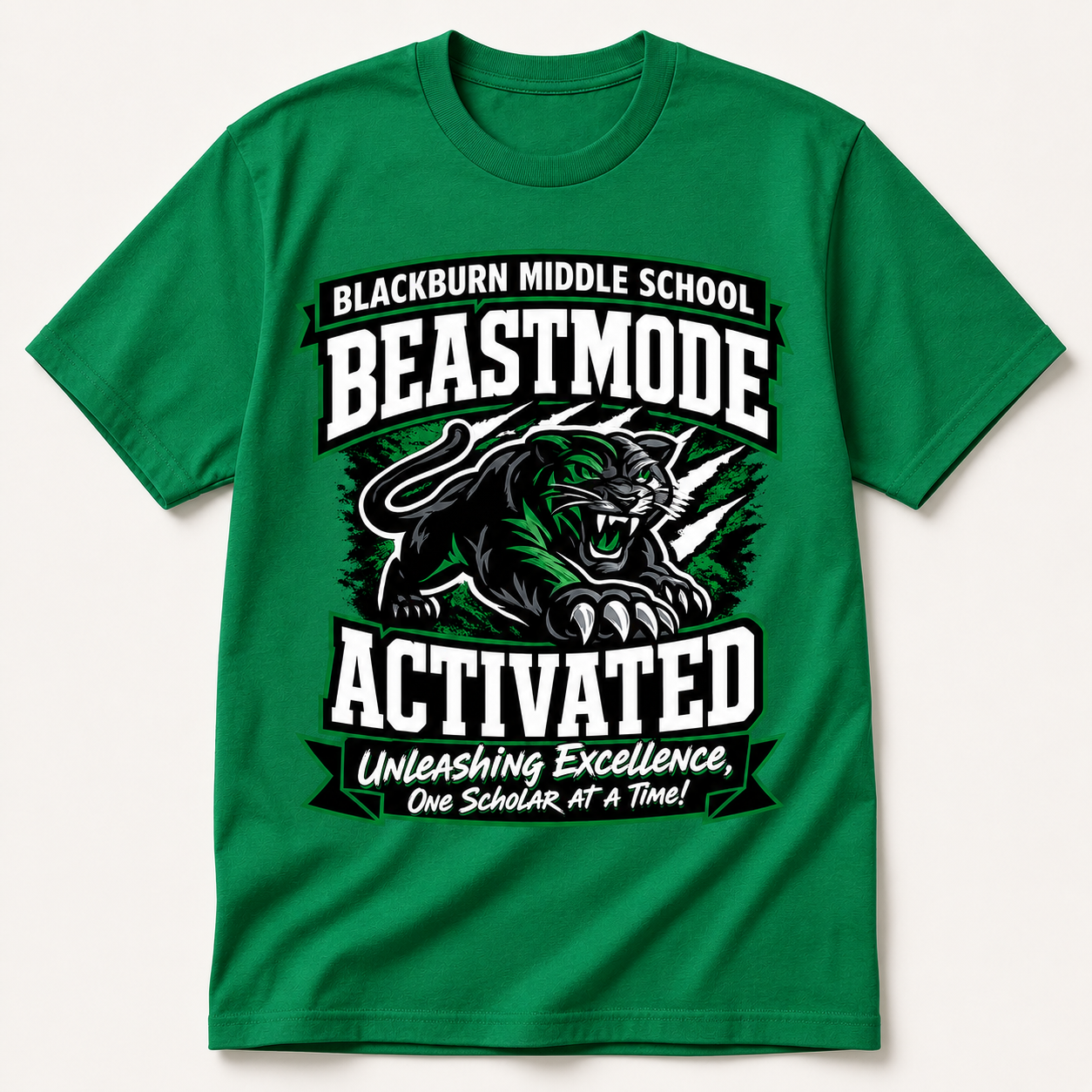 Green crew-neck spirit t-shirt with BEASTMODE ACTIVATED panther graphic on front