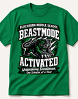 Green crew-neck spirit t-shirt with BEASTMODE ACTIVATED panther graphic on front