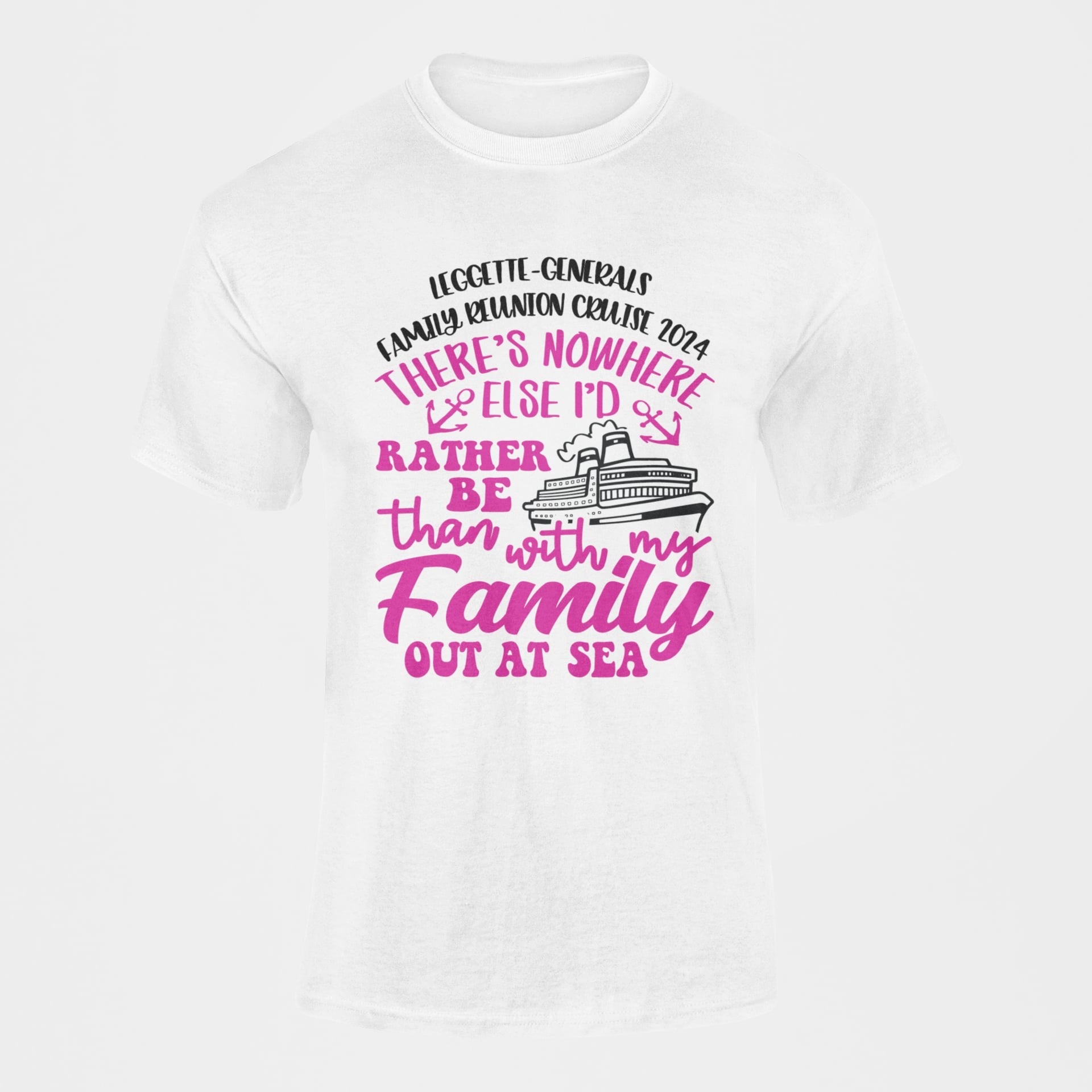 White short-sleeve crewneck T-shirt with colorful family reunion graphic print