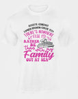 White short-sleeve crewneck T-shirt with colorful family reunion graphic print