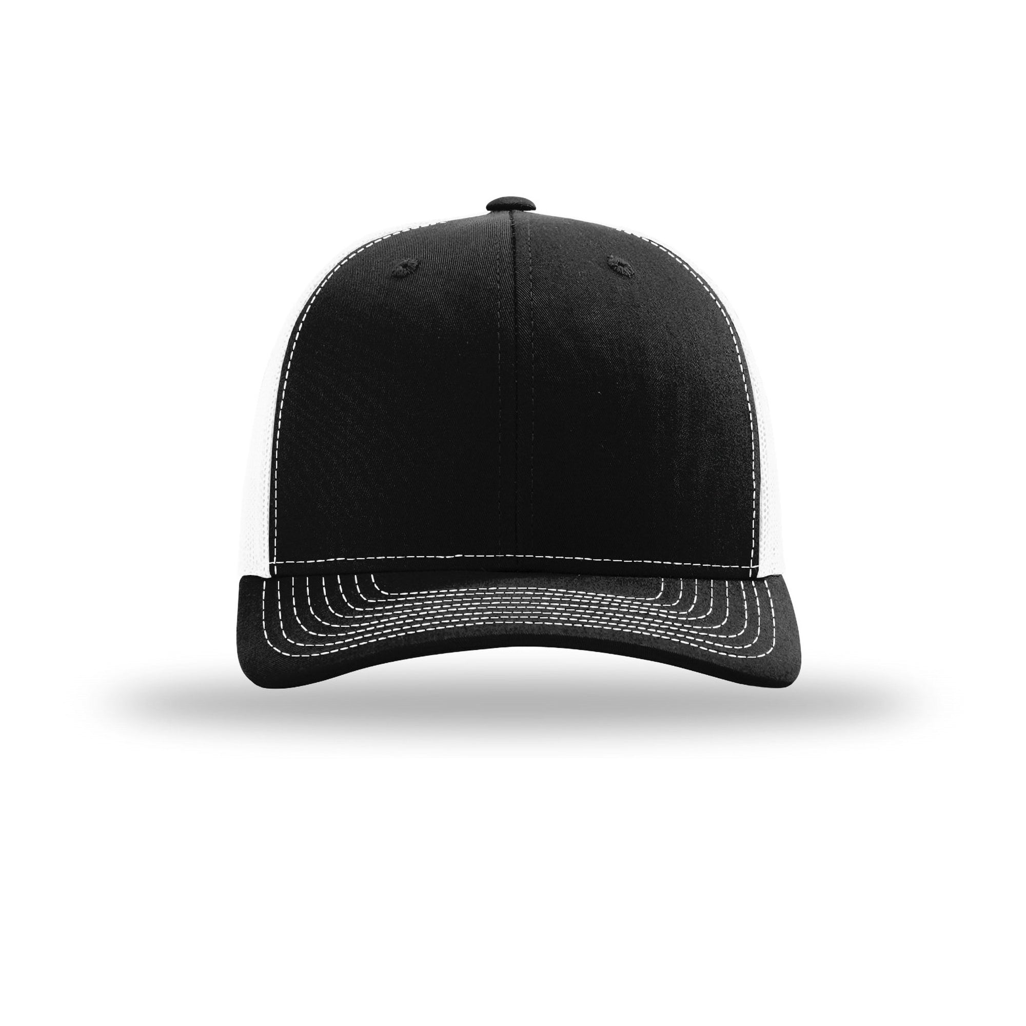 Black cap with white stitching on a white background