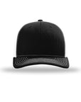 Black cap with white stitching on a white background