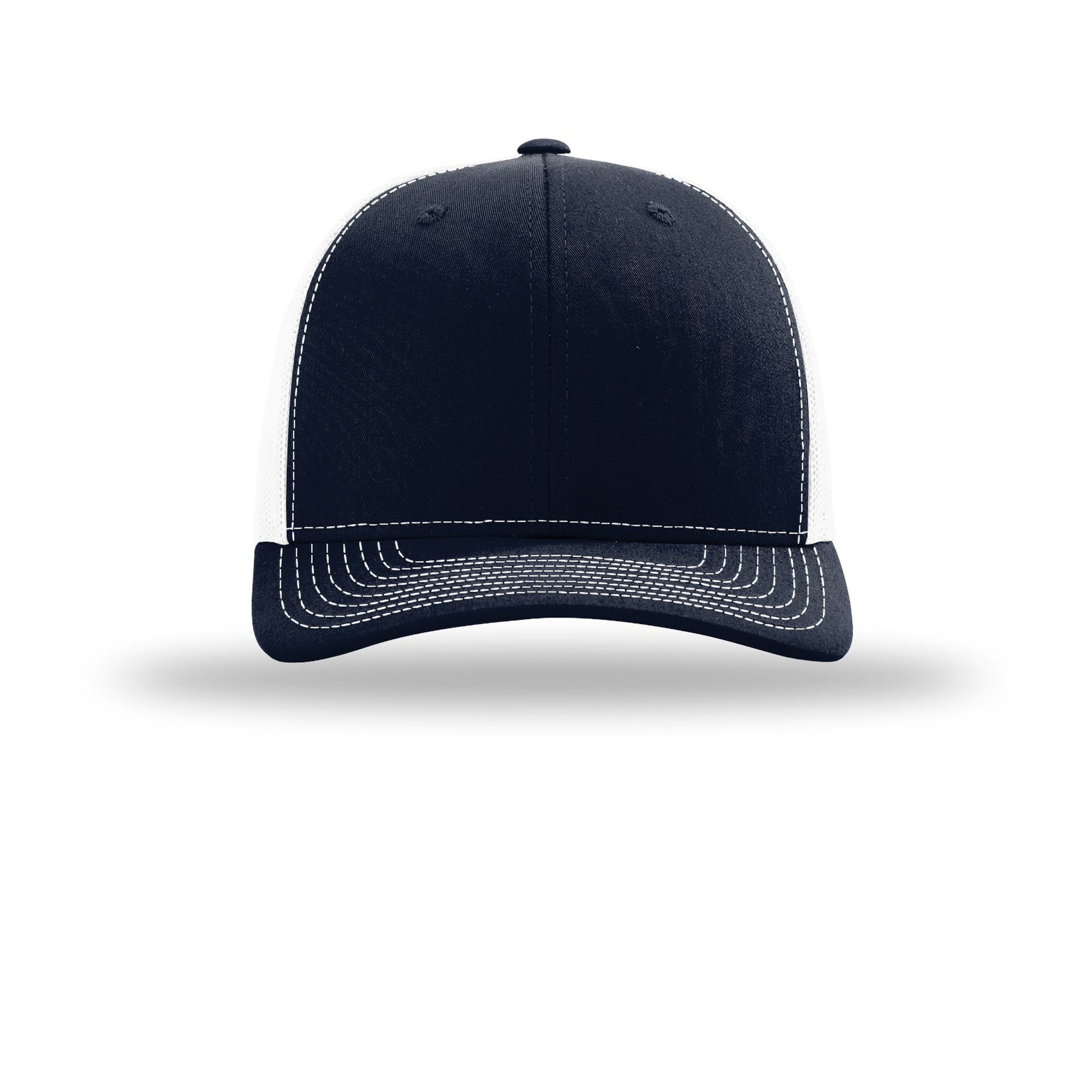 Navy blue cap with white stitching on a white background