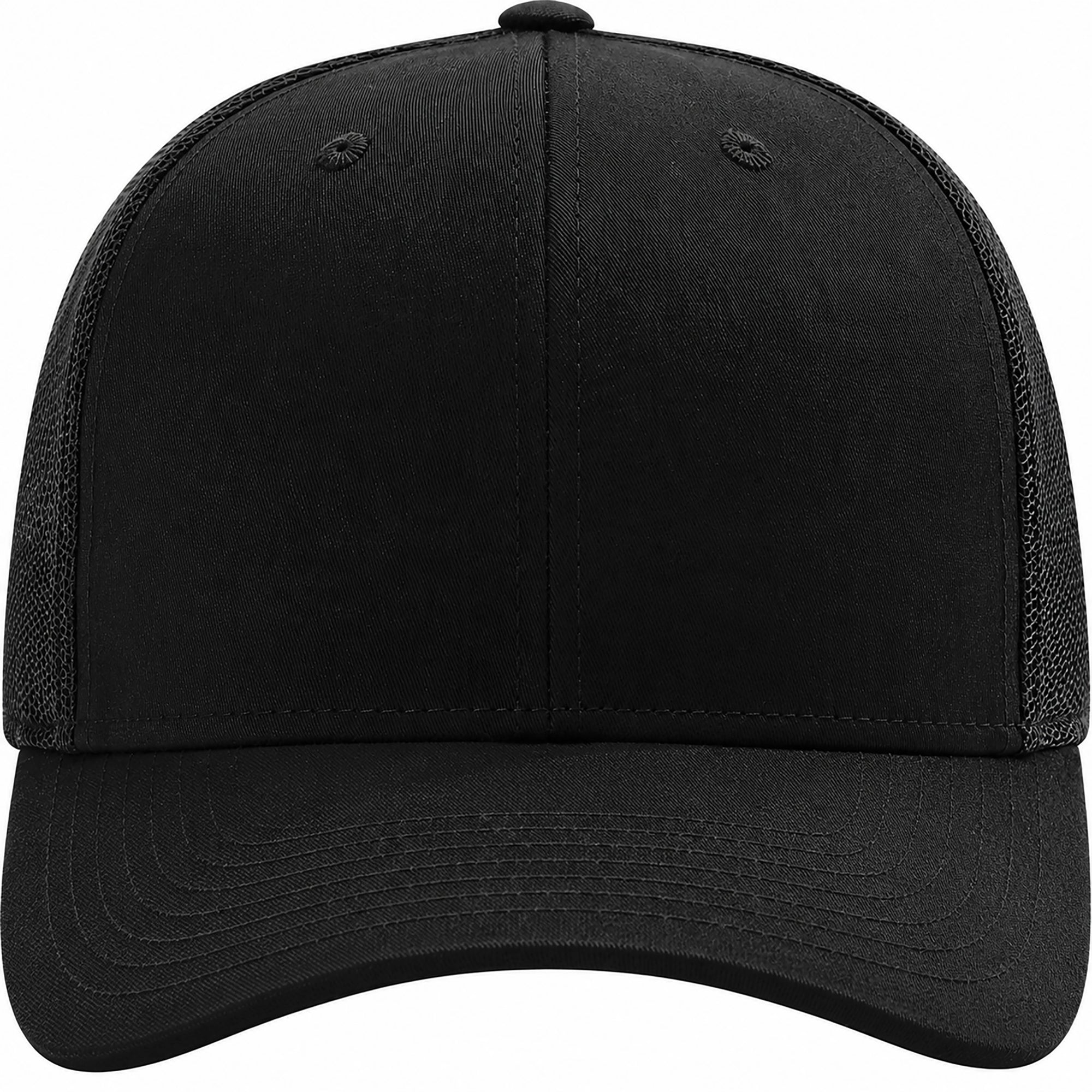 Black trucker cap with mesh back on a white background