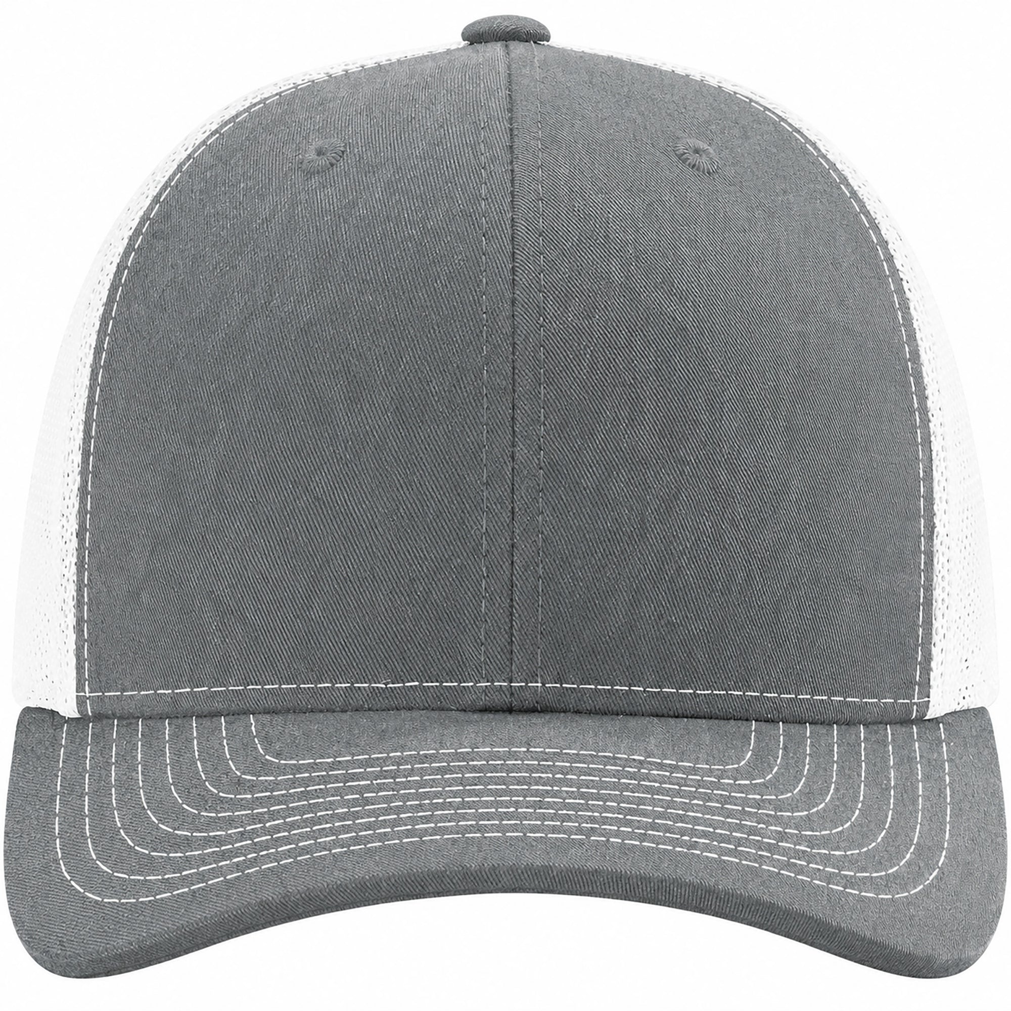 Gray baseball cap with white stitching on a white background