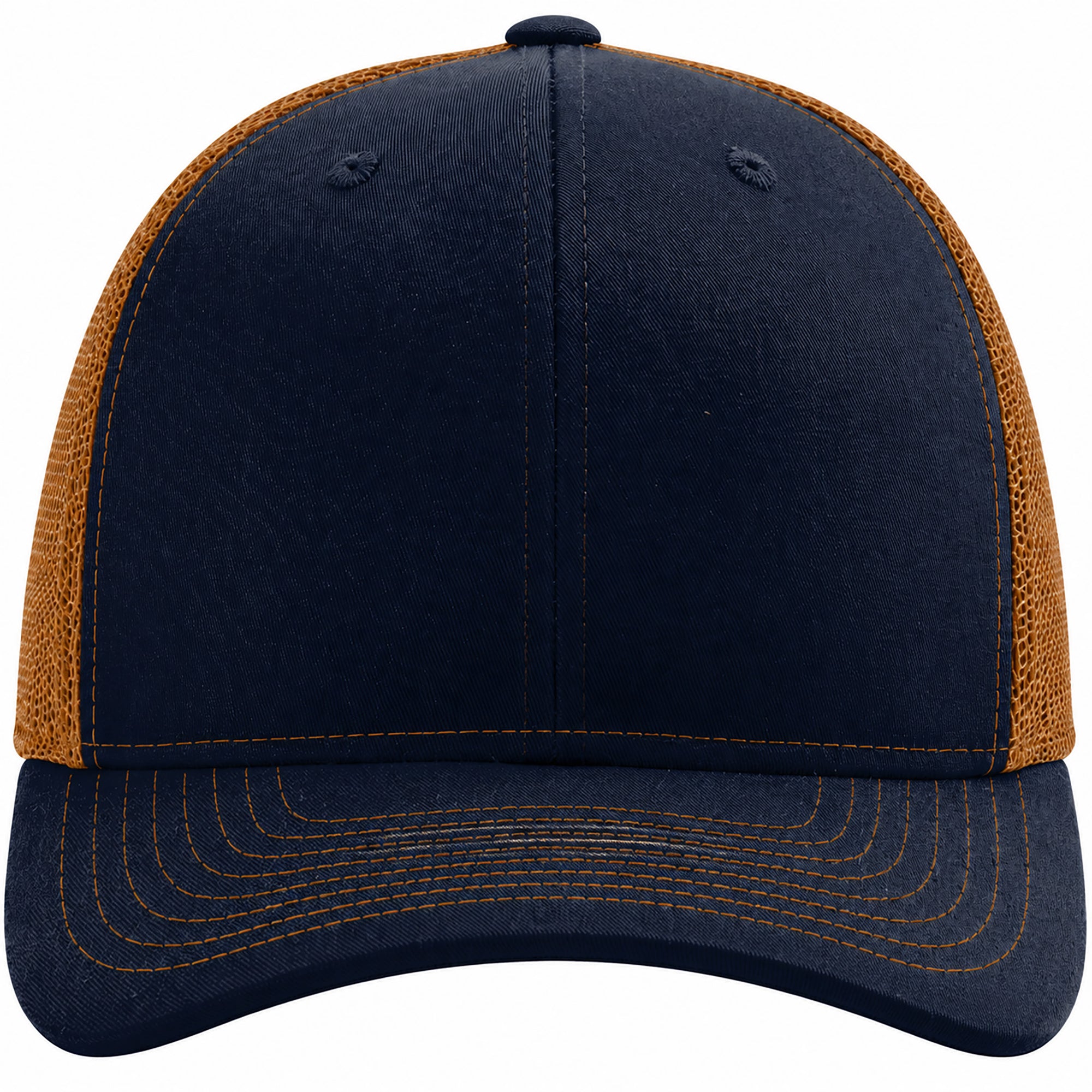 Navy blue and brown trucker cap on a white background