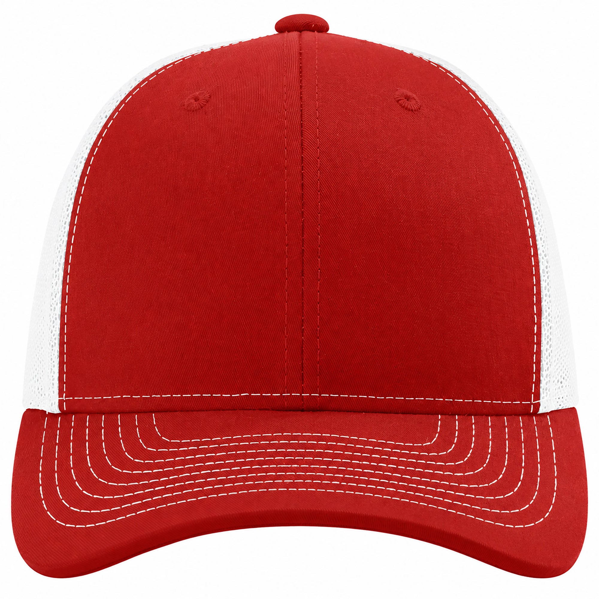 Red cap with white stitching on a white background