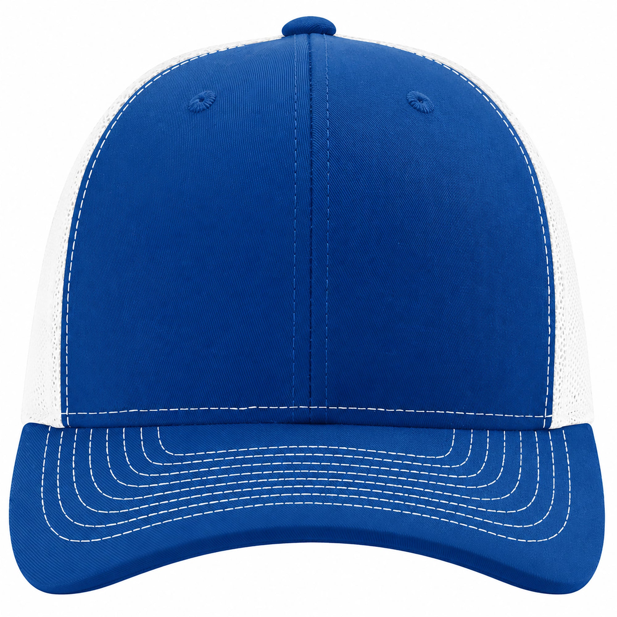 Blue and white cap with a white stitching detail on a white background
