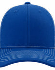 Blue and white cap with a white stitching detail on a white background