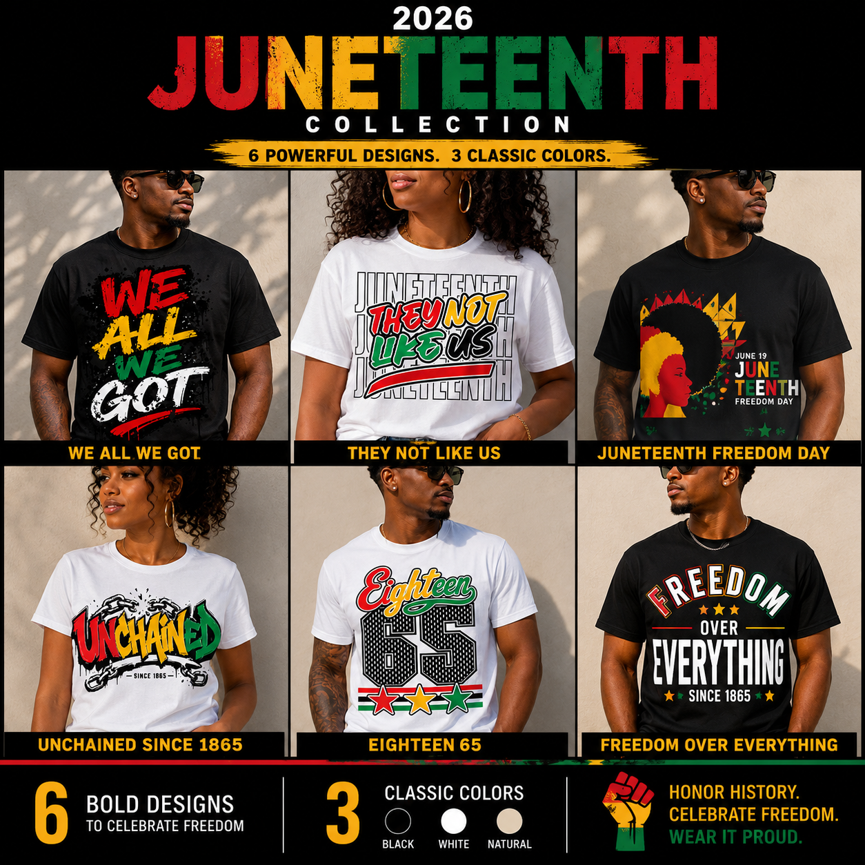 Juneteenth graphic t-shirt collection: black and white tees with bold front prints