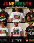 Juneteenth graphic t-shirt collection: black and white tees with bold front prints