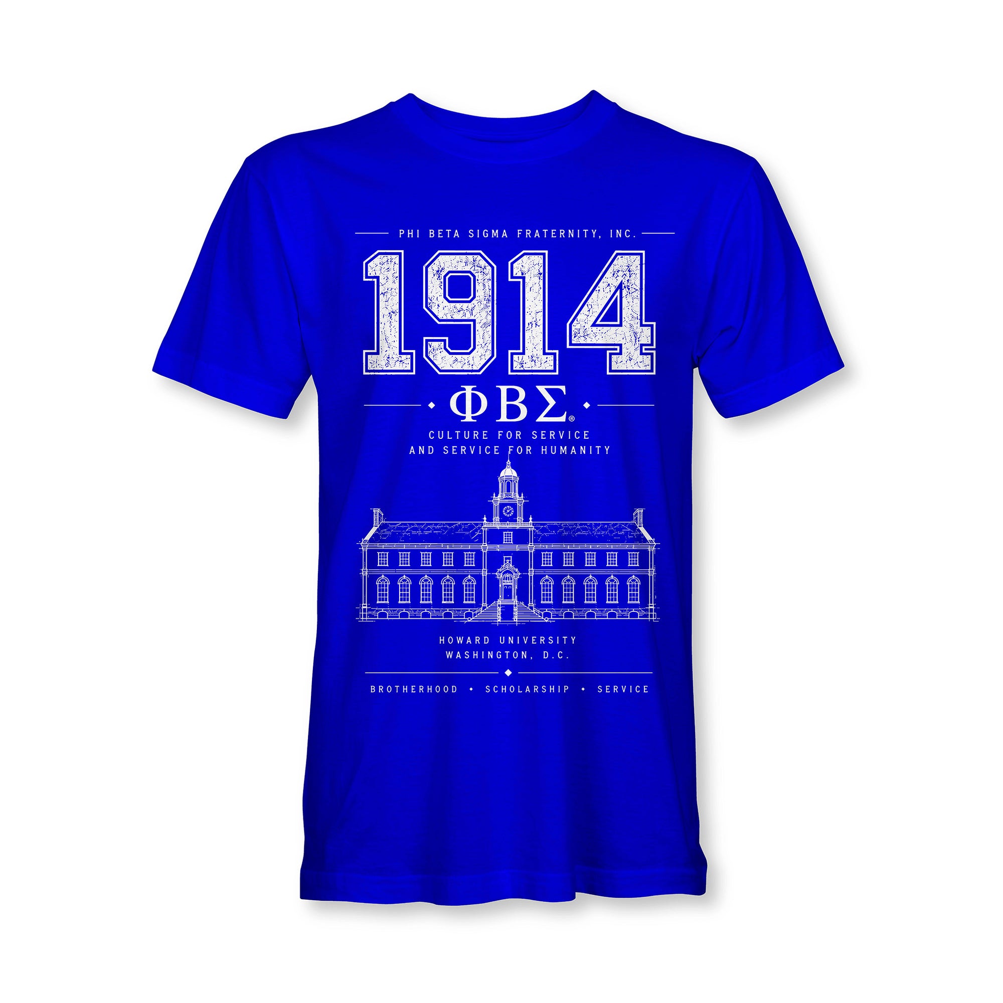 Blue t-shirt with white text and graphics on a white background