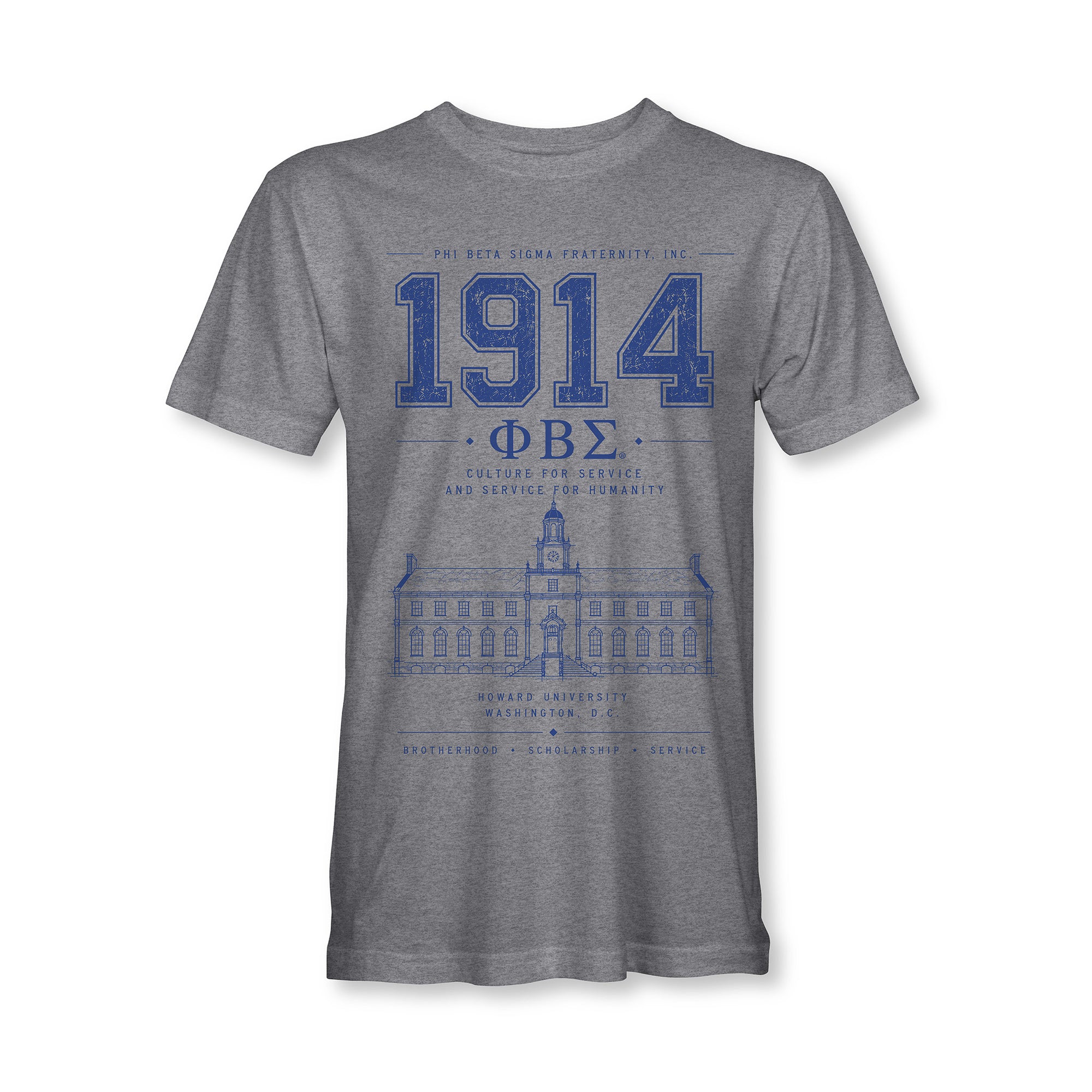 Heather gray tee with large 1914 Phi Beta Sigma emblem graphic in blue/white