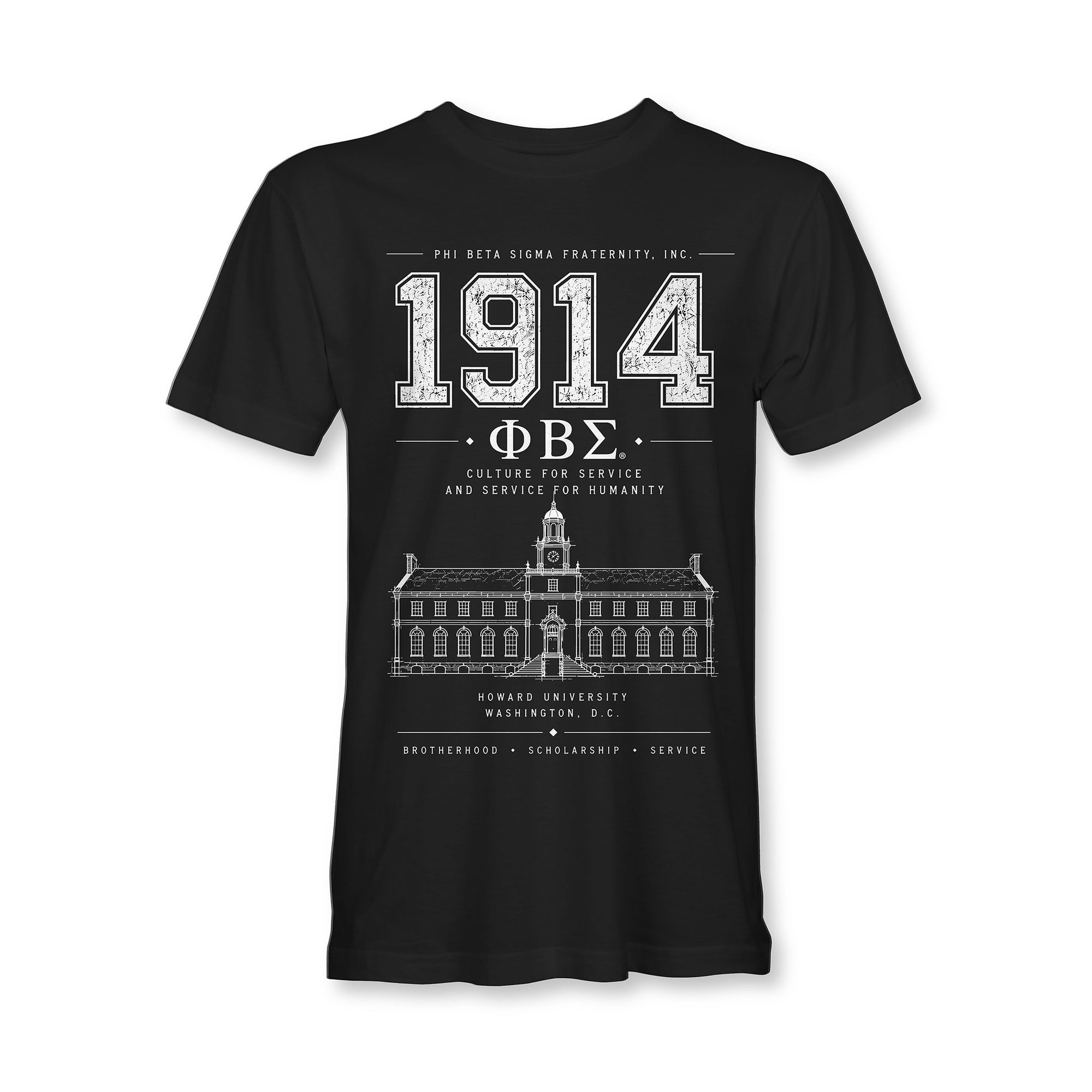 Black tee with 1914 Phi Beta Sigma crest and Howard University building graphic in white