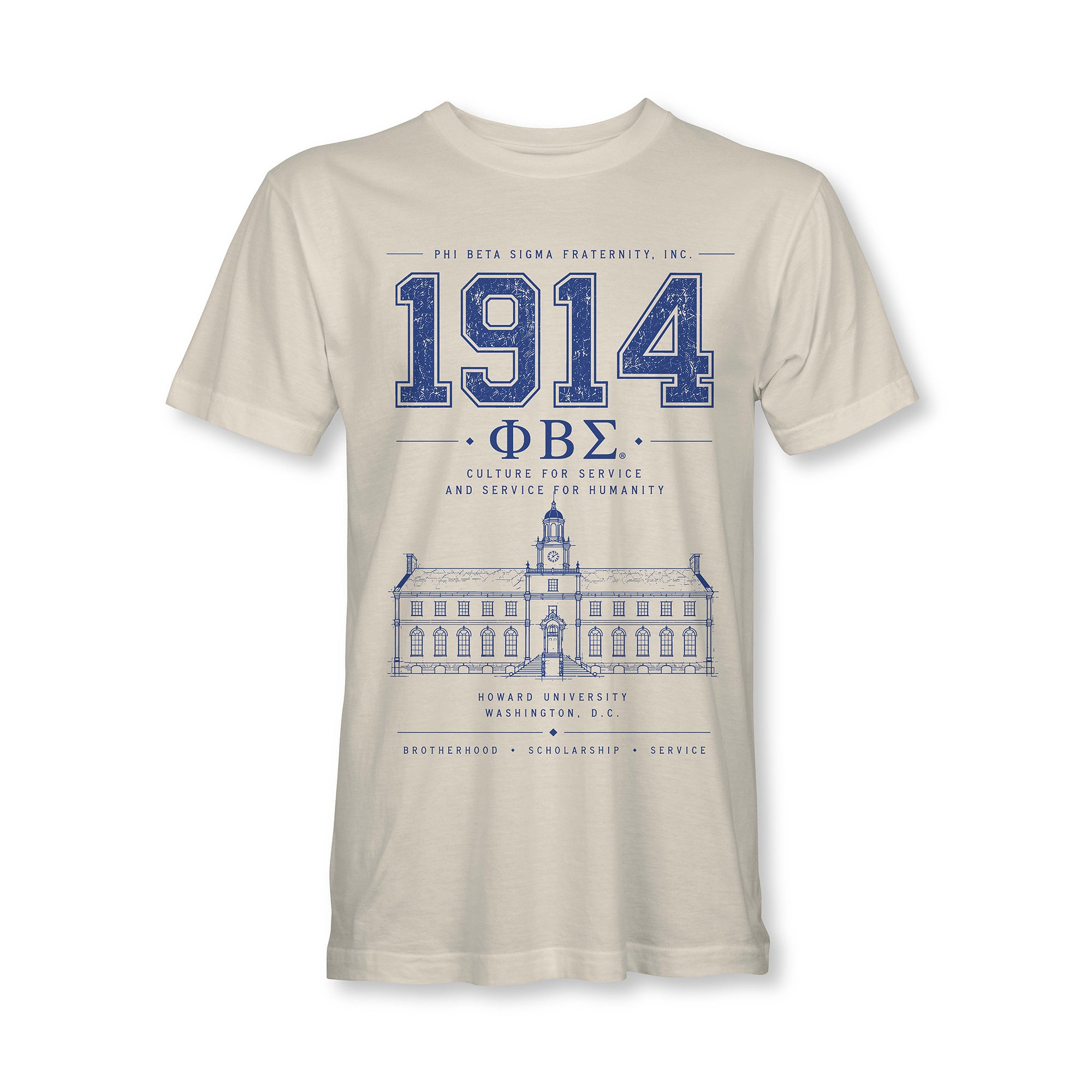 Natural/beige tee with 1914 Phi Beta Sigma emblem and building graphic in blue/white