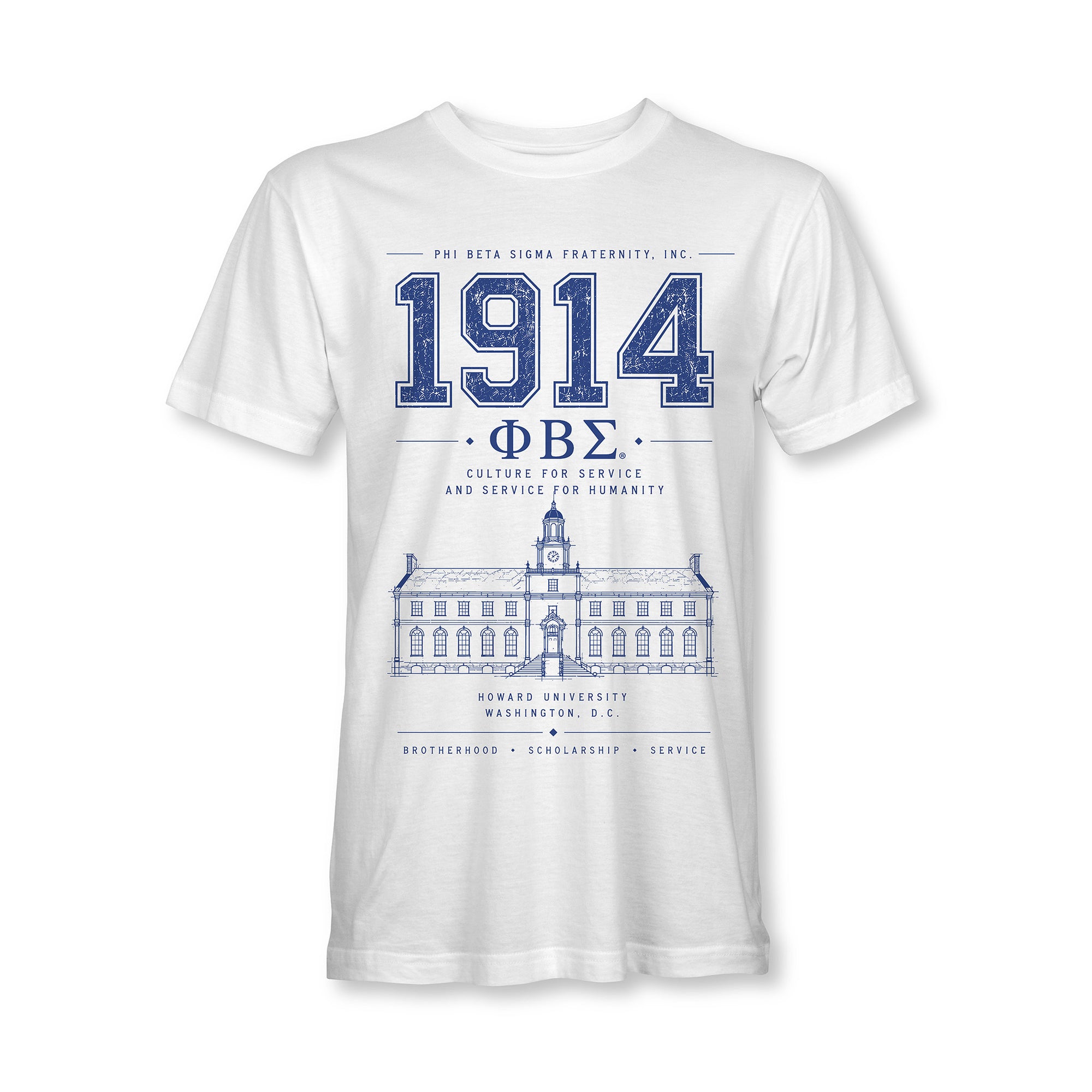 White tee with 1914 Phi Beta Sigma emblem and Howard University building graphic in blue