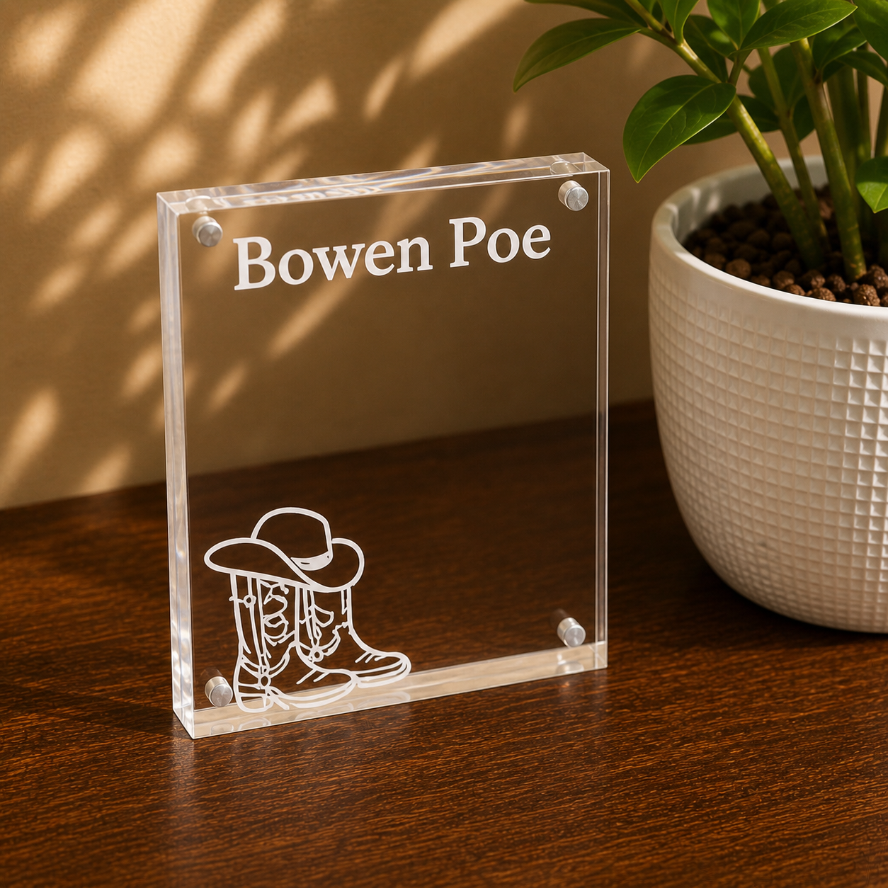 Clear 4x6 acrylic picture frame with laser-engraved 'Bowen Poe' and cowboy boot design.