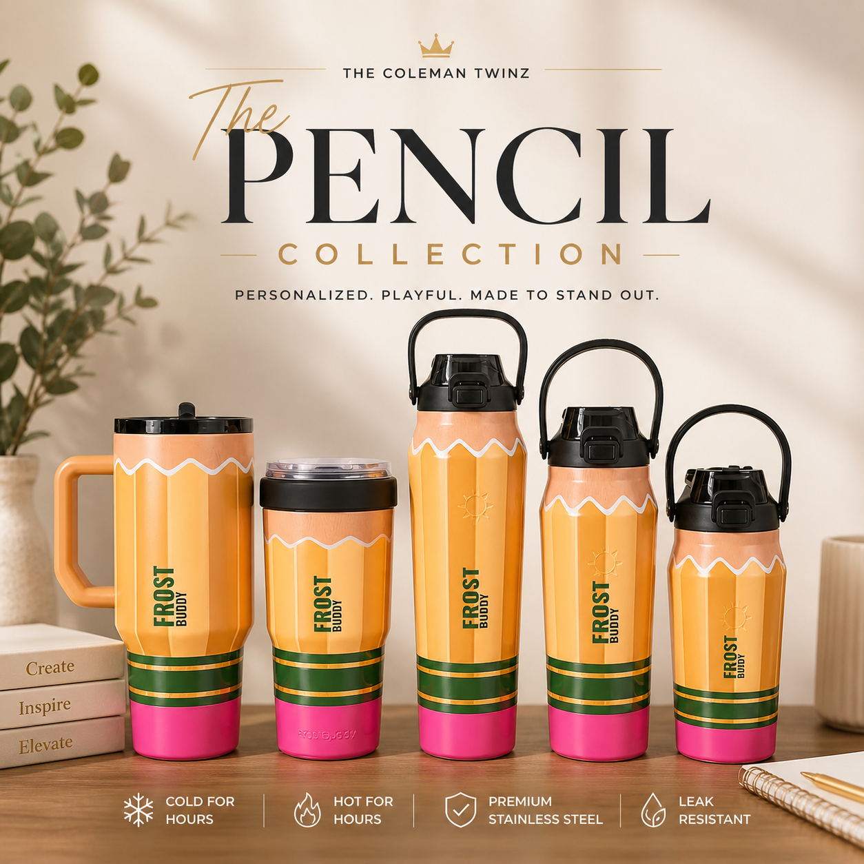 Laser-engraved pencil-shaped tumbler, orange with zigzag graphic and black lid
