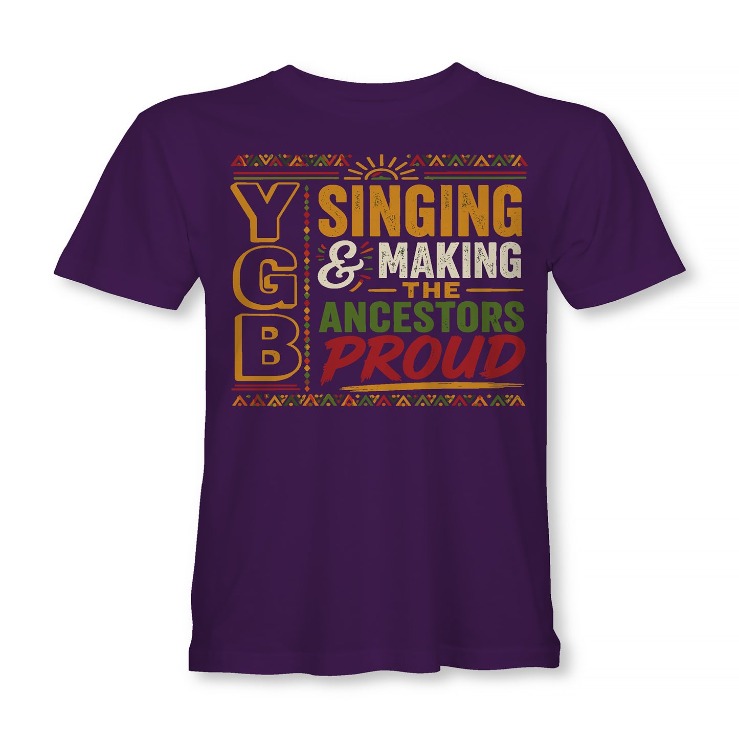 Purple t-shirt with colorful text design on a white background