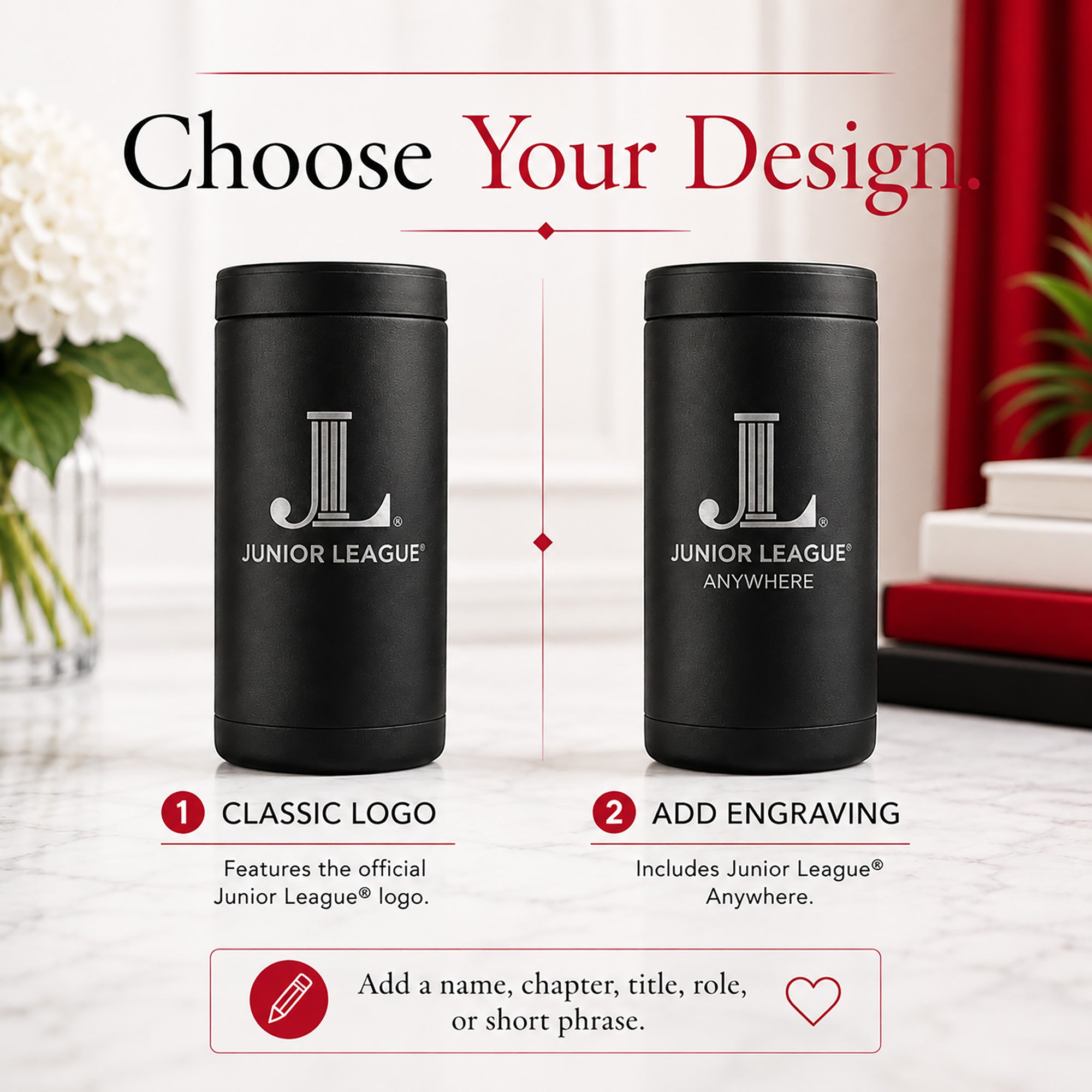 Junior League Frost Buddy design options showing classic logo and add engraving choices.