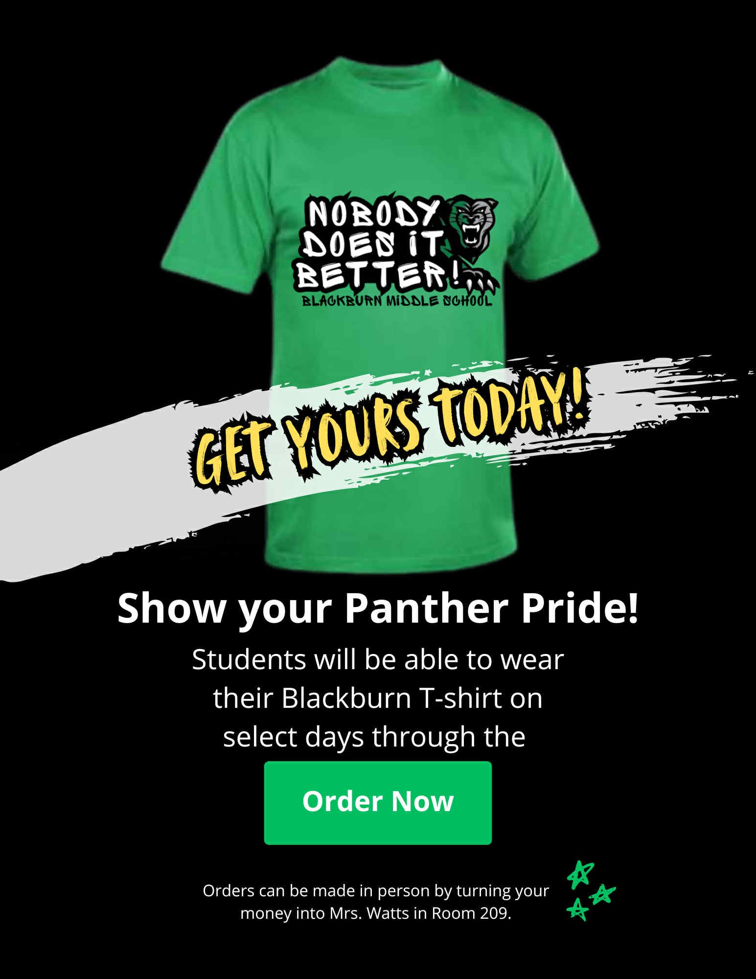 Green T-shirt with front slogan and panther head graphic, crew neck short sleeves