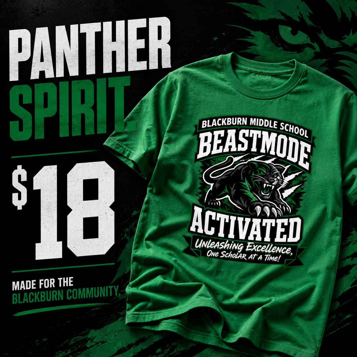Green crew-neck spirit t-shirt folded with BEASTMODE ACTIVATED panther graphic