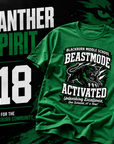 Green crew-neck spirit t-shirt folded with BEASTMODE ACTIVATED panther graphic