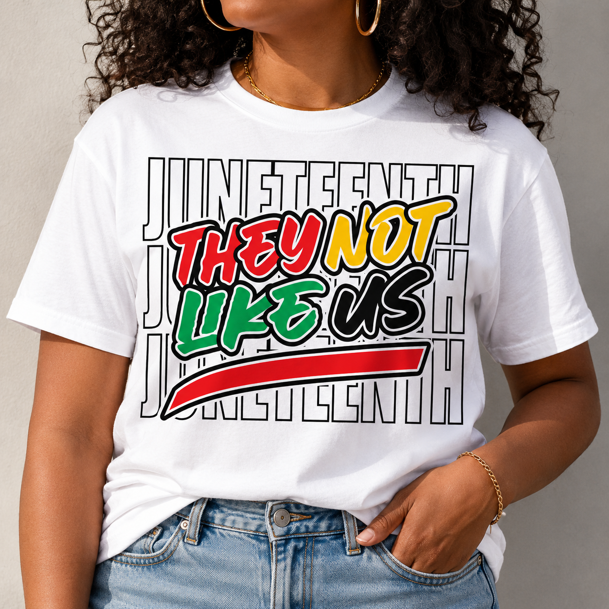 White Juneteenth graphic T-shirt with bold “They Not Like Us” front design