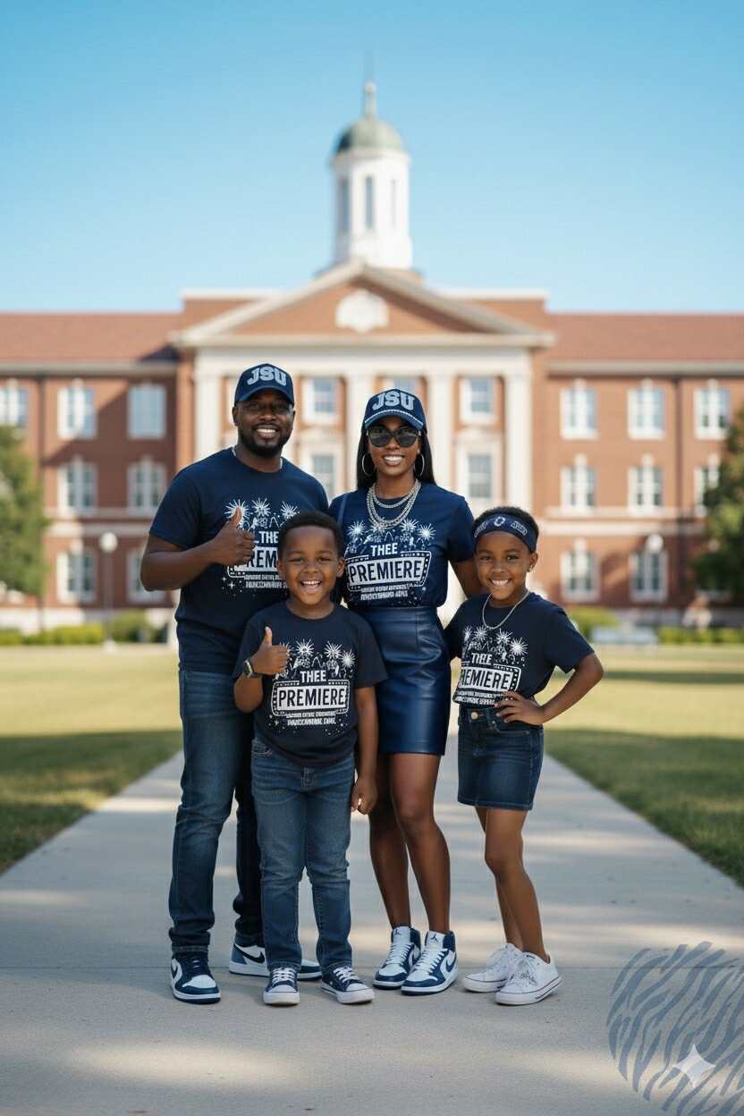 Navy crewneck T-shirts with “THEE PREMIERE” front graphic worn by kids